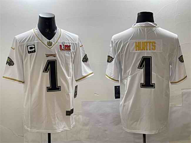 Men's Philadelphia Eagles #1 Jalen Hurts White/Gold 2025 Super Bowl LIX Patch And 3-star C Patch Salute To Service Vapor Untouchable Limited Stitched Football Jersey